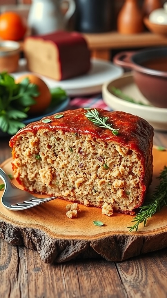 A slice of savory duck cake garnished with herbs on a wooden table.